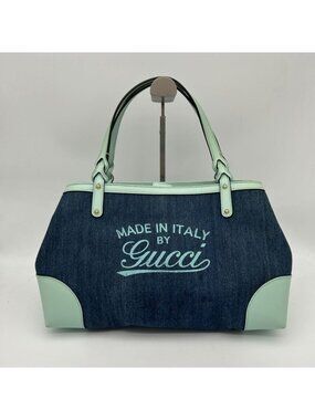 Gucci Denim Tote Shoulder Leather Blue Mint Green